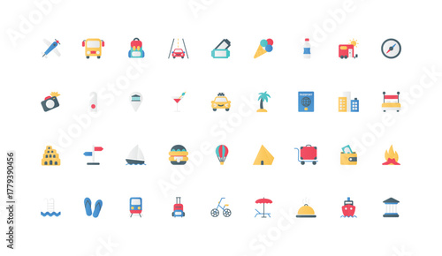 Summer travel vacation and sea beach holidays, hotel service and tickets color icon set. Room booking and passport, trip by plane or ship, car, museum location on map flat elements vector illustration