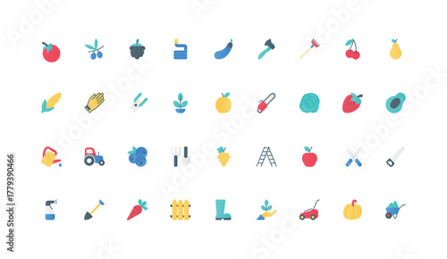 Farm garden equipment of farmer, agricultural tools for gardening hobby and farming color icon set. Lawn trimmer and tractor, fences, vegetables and fruits harvest flat elements vector illustration