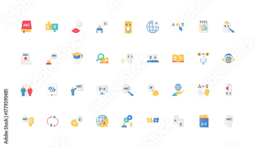 Learning foreign language, book and service to translate text, glossary vocabulary, dictionary color icon set. Speak and listen in international dialogue, translation flat elements vector illustration