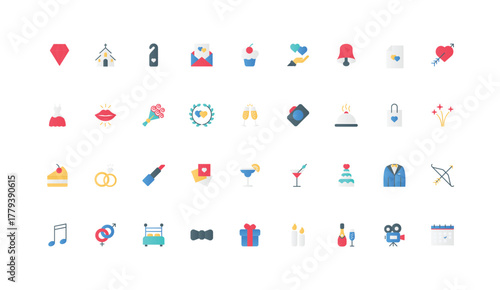 Wedding day and ceremony, romance and engagement, honeymoon icon color icon set. Romantic bouquet, dress of bride and tuxedo of groom, party event organization flat elements vector illustration