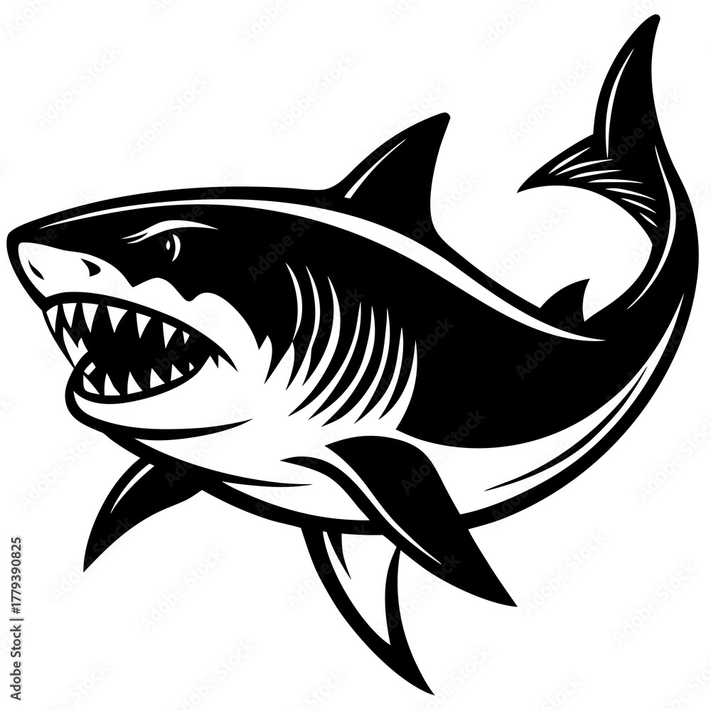Fototapeta premium Fierce black and white shark illustration with open jaws and sharp teeth