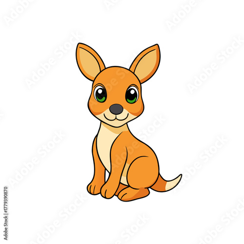 Cute cartoon baby kangaroo with big green eyes sitting down