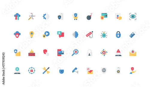 Online data storage and transfer security, privacy protection, cybersecurity color icon set. Secure firewall and antivirus protect, control confidential information flat elements vector illustration