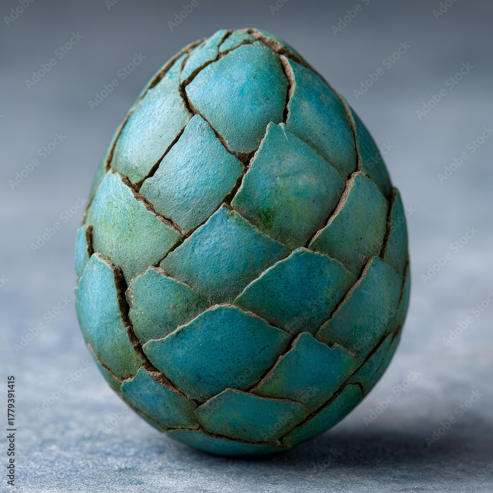 Fototapeta premium Turquoise mosaic egg with intricate texture and design.