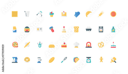 Sweet dessert of confectionery, bakery and pastry shop products color icon set. Baker and confectioner hat, wedding cake and cupcake, cookie, rolling pin and knife flat elements vector illustration