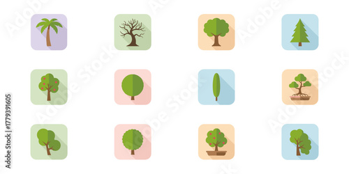 tree icons set on colored backgrounds
