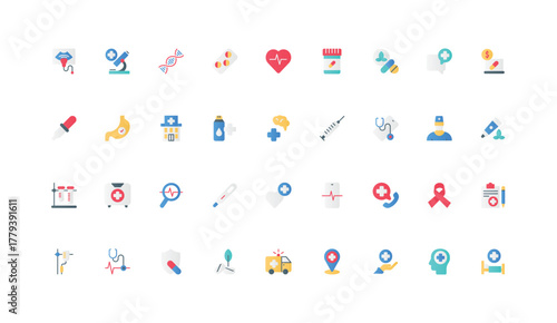 Pharmacy, pills and capsules of doctors prescription, medical services and hospital treatment color icon set. Tablets and vitamins for pharmaceutical help, stethoscope flat element vector illustration