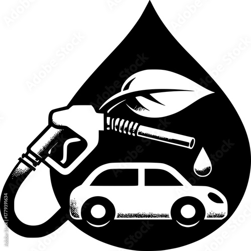 Eco-Friendly Fuel Icon: A visually striking depiction of an eco-conscious automotive future, featuring a fuel nozzle dispensing bio-fuel in the form of a car.