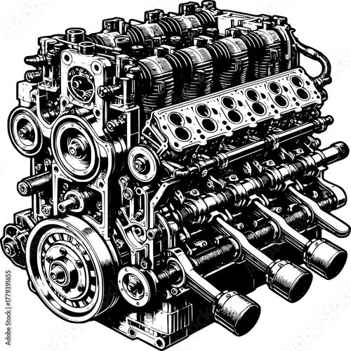 Engineering Marvel: A detailed monochrome illustration of a powerful internal combustion engine, showcasing the intricate mechanics and components of automotive technology.