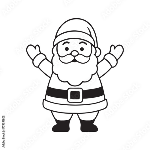 Cute santa claus outline drawing with arms raised, simple art isolated on white background