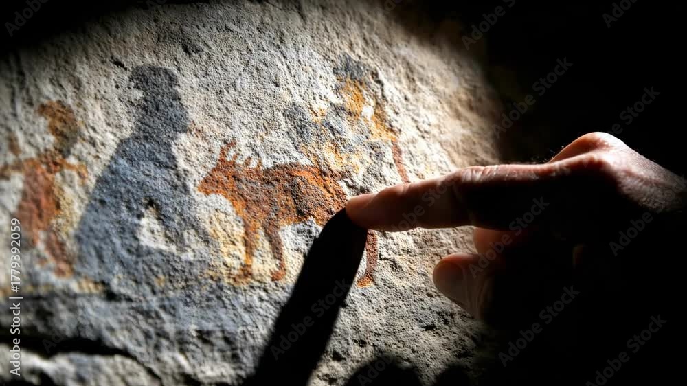 Dimly lit cave wall bears faded prehistoric murals as a foreground hand points toward them, calm now