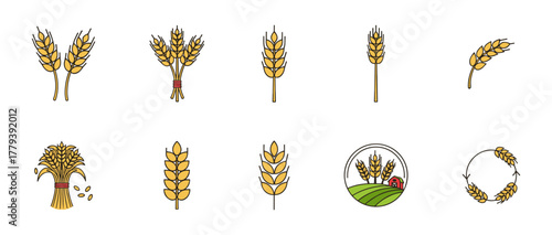 Wheat Icons Set in Flat Cartoon Style