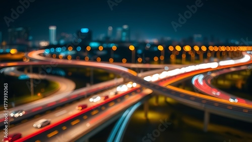 interchange. A bustling city highway interchange at night, illuminated by glowing lights and abstract traffic patterns. mobility guides.