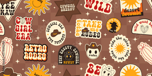 Cowgirl Stickers Seamless Pattern Background. Vector Design Elements. Wild West, Western Themed, Retro.