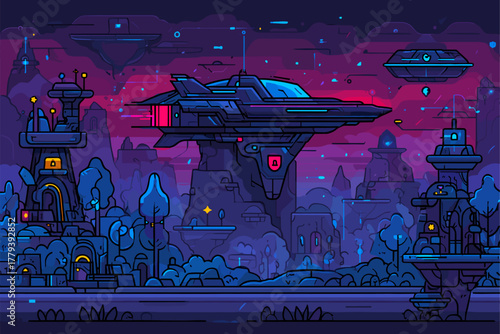 Futuristic Vector Landscape with Spaceships in Neon Colors