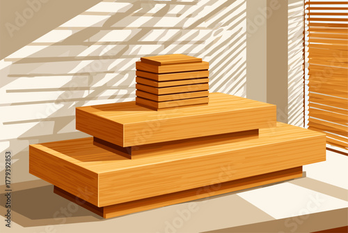 Stylish Wooden Shelf with Stack of Boxes and Natural Light Shadows