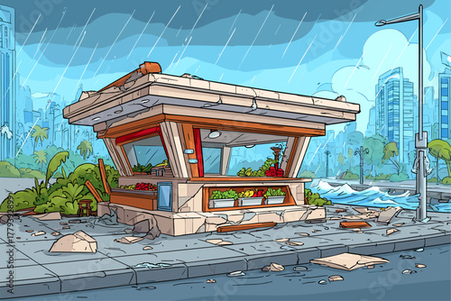 Abandoned Beach Shack Surrounded by Stormy Weather and Urban Landscape