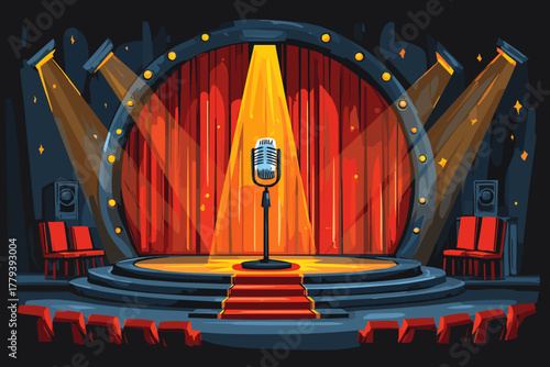 Vibrant Stage with Microphone and Spotlight for Performances