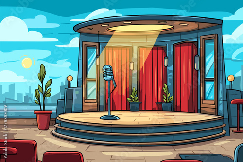 Stylish Comedy Stage with Microphone and Audience Seating