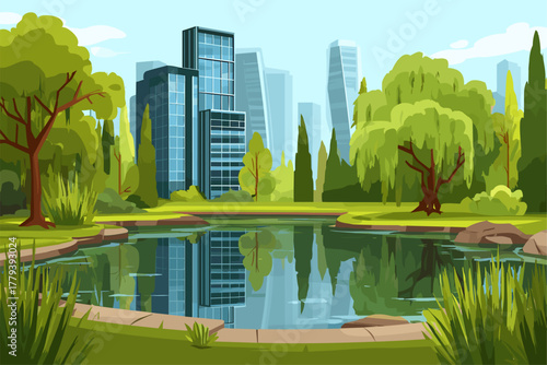 Modern Urban Park with Skyscrapers and Reflections in Water
