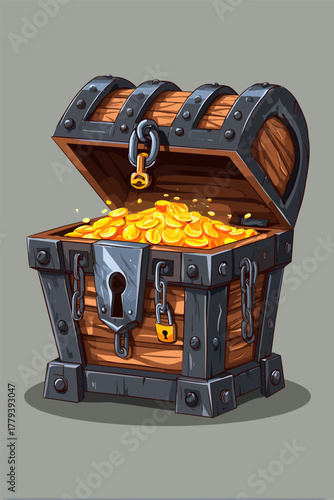 Colorful Treasure Chest Full of Gold Coins - Cartoon Style Vector Illustration