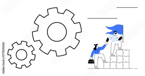 Two people climbing stairs of puzzle pieces, one helping another, with gears representing collaboration. Ideal for teamwork, leadership, problem-solving, support, partnership, growth simple flat