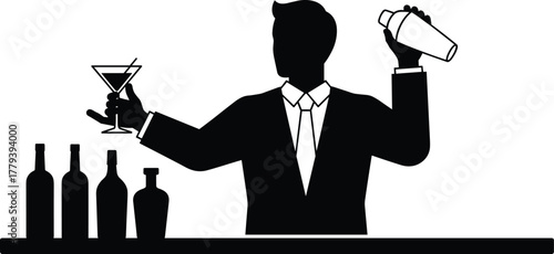 Bartender silhouette illustration, cocktail shaker and martini glass, bar counter scene, black and white vector design, nightlife icon, drink element