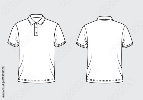Polo Shirt drawing front and back view for mockup illustration . apparel CAD Drawing