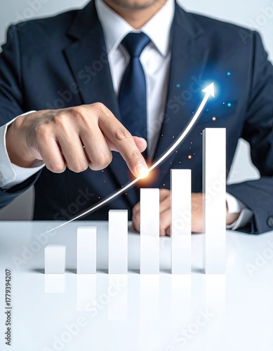 Businessman pointing at rising financial graph symbolizing business growth and success.