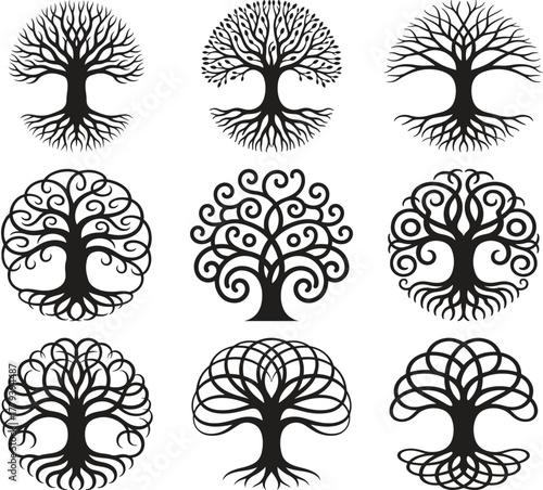 Collection of stylized tree of life illustrations
