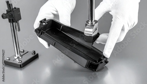 Gloved Hands Inspecting Industrial Component with Precision Tools.