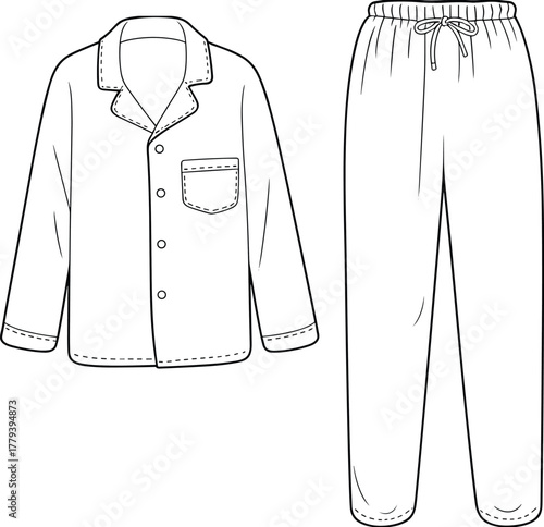 "Black and white pajama set, button up shirt with collar, drawstring pants, sleepwear fashion flat sketch, CAD drawing vector illustration"