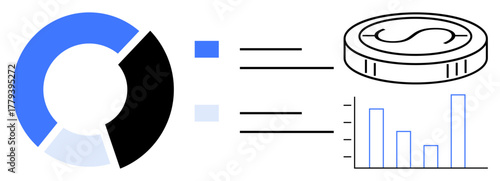 Blue and black pie chart linked to coin and bar graph, representing financial metrics and analysis flow. Ideal for business, finance, data visualization, budgeting, investment, statistics, simple