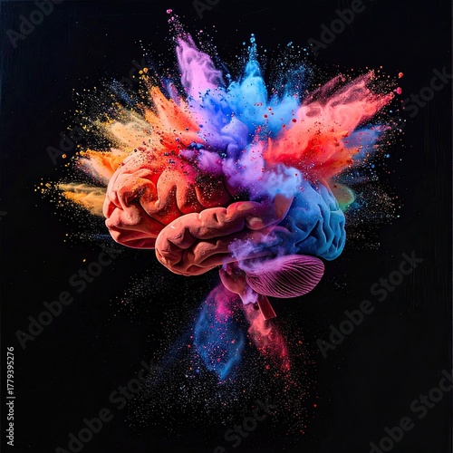Explosion of colorful powder from a human brain symbolizing creativity and ideas.