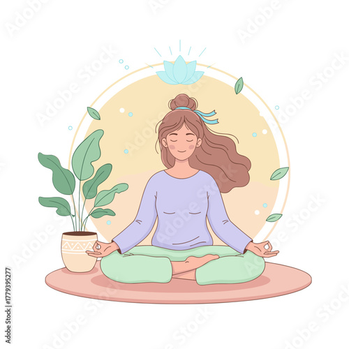 Serene young woman meditating peacefully in a lotus pose with eyes closed and hands in mudra gesture surrounded by soft yellow light and falling leaves in a calm indoor setting with a potted plant