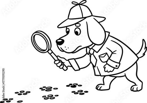 Black and white cartoon detective dog, cute puppy investigator, magnifying glass searching paw prints, mystery animal illustration, detective hat and coat