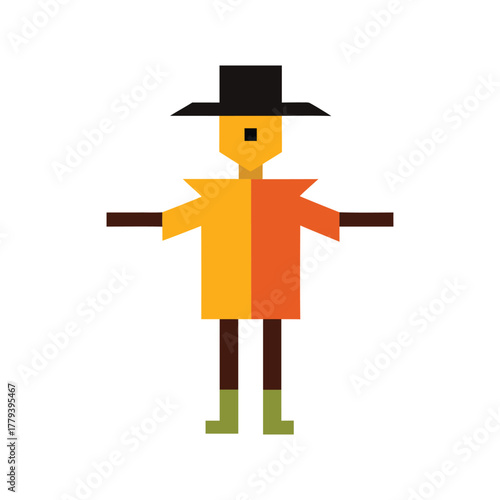 Pixel art scarecrow illustration with simple geometric shapes
