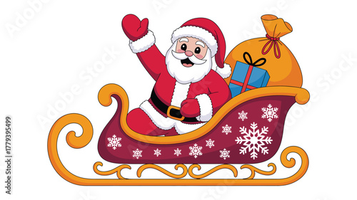 Santa Claus waving from ornate red sleigh with gift sack and present, cheerful cartoon illustration for Christmas celebration and joy