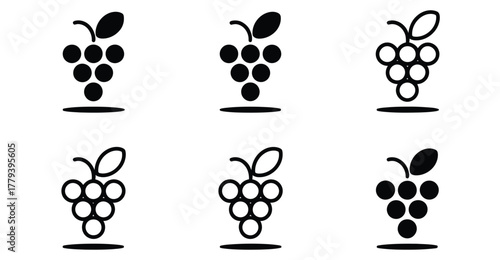 Six stylized grape cluster icons in black silhouette on white background, minimalist vector design for food, puzzle, or pattern concepts 