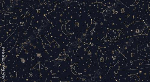 Celestial Constellations and Zodiac Signs on a Dark Night Sky.