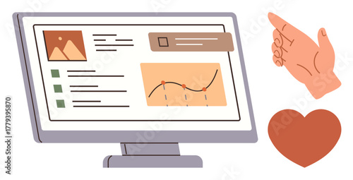 Computer screen displaying interface elements thumbs up image, text, graph, and notifications, alongside hand gesture and heart icon. Ideal for user experience, data analysis, web design