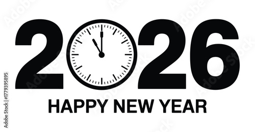 “2026 Happy New Year” typography with clock replacing zero, set to midnight, bold festive design symbolizing countdown and celebrationPr 