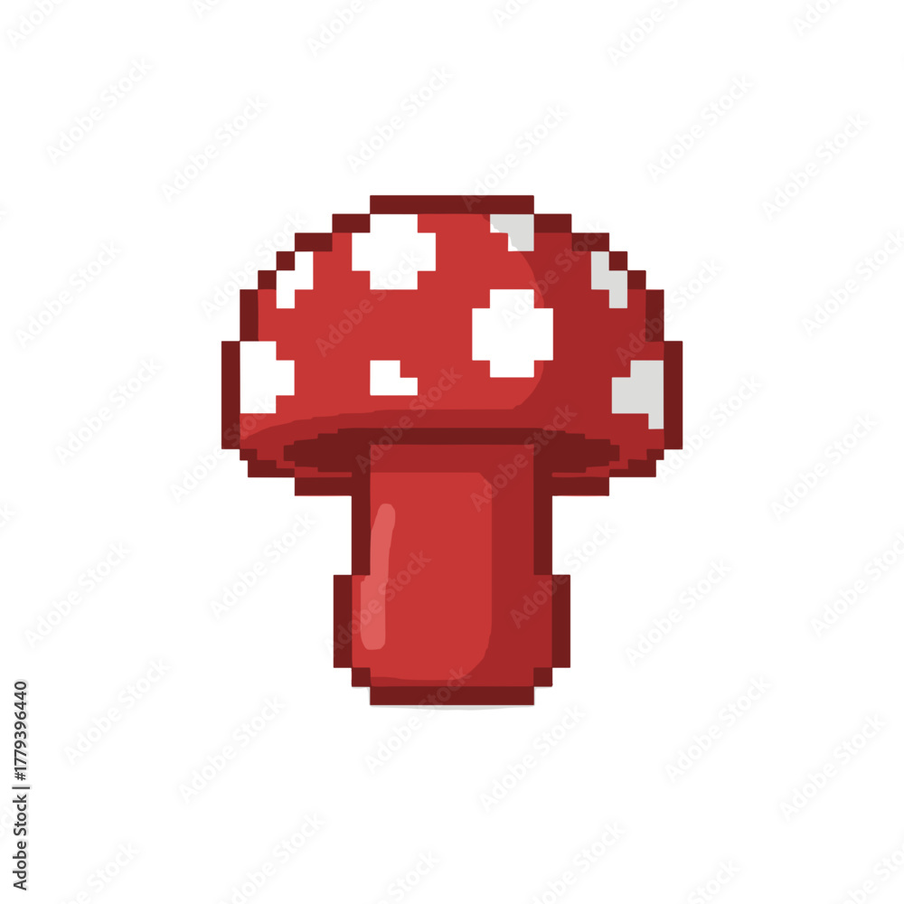 Obraz premium Pixelated Red Mushroom With White Spots Against Black Background Simple Flat Design Retro Video Game Style