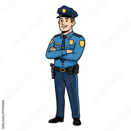 Policeman In Full Uniform Standing With Arms Crossed On A White Background Flat Vector Illustration