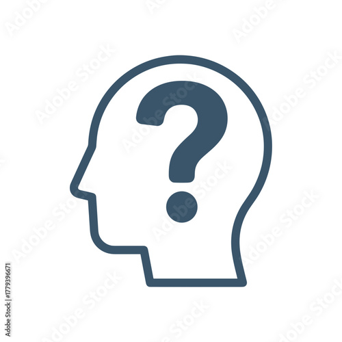 Profile Silhouette with Question Mark Inside Head Representing Confusion or Doubt in Dark Blue Outline on Black Background Simple Graphic Design