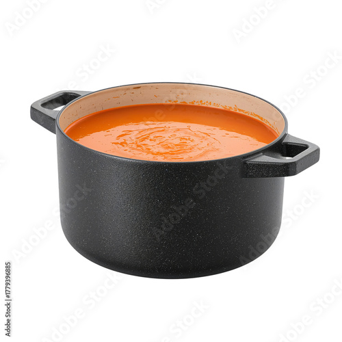 Delicious Soup Simmering in a Black Pot on a Kitchen Countertop for a Cozy Me...
