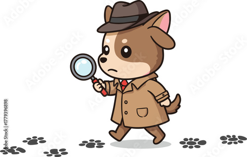 Cartoon detective dog, cute puppy investigator, trench coat and fedora hat, magnifying glass searching paw prints, mystery animal illustration vector