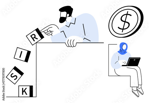 Man arranging risk blocks as a woman works remotely on a laptop, accompanied by currency imagery. Ideal for finance, decision-making, teamwork, investment, risk management, business strategy, simple
