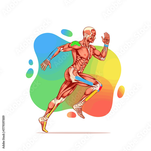 Anatomical illustration of running human figure with labeled muscles  