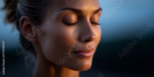 Junge Frau mit geschlossenen Augen in friedlicher Meditation vor blauem Hintergrund